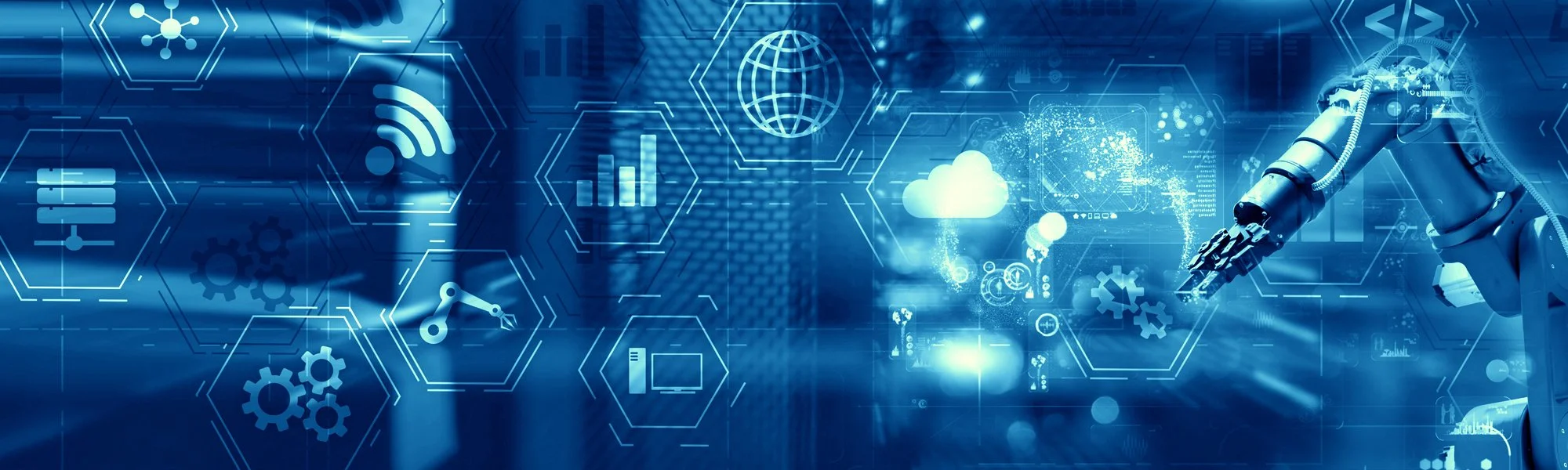 Blue technology banner with connected devices and a robotic arm